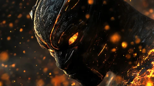 Molten masked warrior glowing with fiery inner strength.