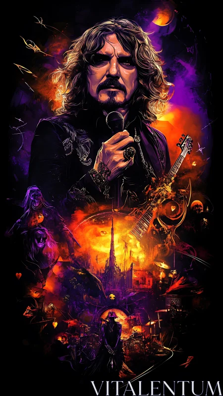 Rock vocalist portrait dominates fiery surreal concert scene