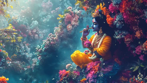 Celestial flutist cradles a forest in rivers of radiant bloom