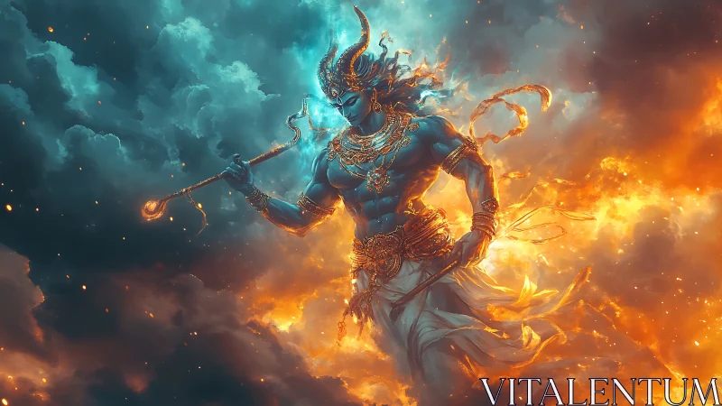 Mythic blue deity rendered in high-energy dual-tone elemental storm