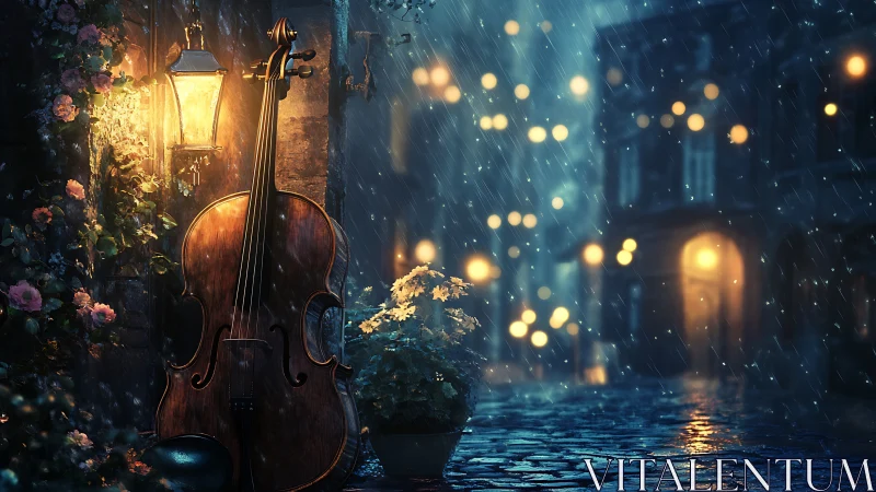 Wet cello under lantern in rain-soaked cobblestone alleyway