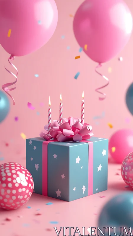 Birthday Gift with Lit Candles Surrounded by Pink Balloons and Confetti