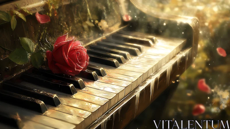 Rose resting on forgotten piano keys in golden afterglow.