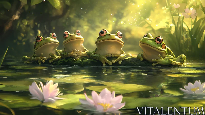 Four serene frogs bask in golden light on a tranquil pond