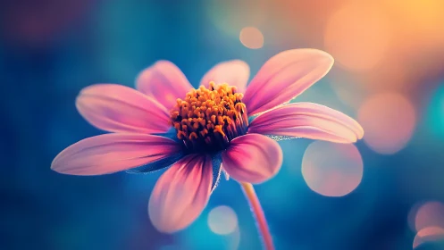 Pink Cosmos Flower with Golden Center Against Blurred Blue Bokeh