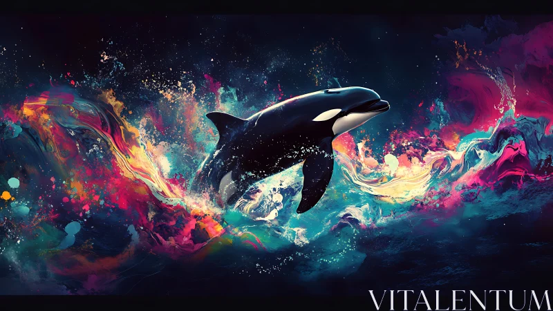 Orca breaches through high-contrast neon fluid dynamics wavefield