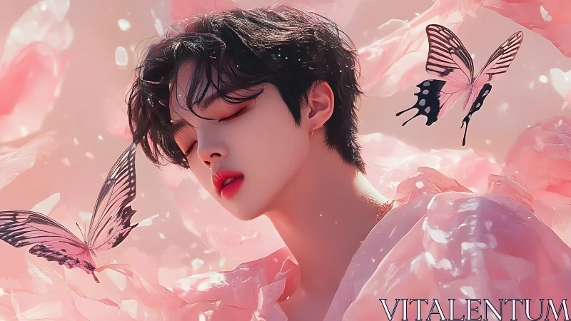 Silken dreamer adrift with rose-winged butterflies in bloom.