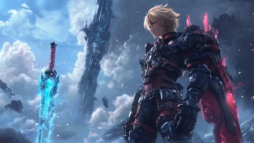 Armored sci fi warrior with glowing sword in stormy sky.