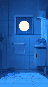 Moonlit tiled bathroom glows in tranquil midnight silence