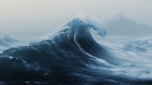 Storm surge crest curls toward misted volcanic coastline.