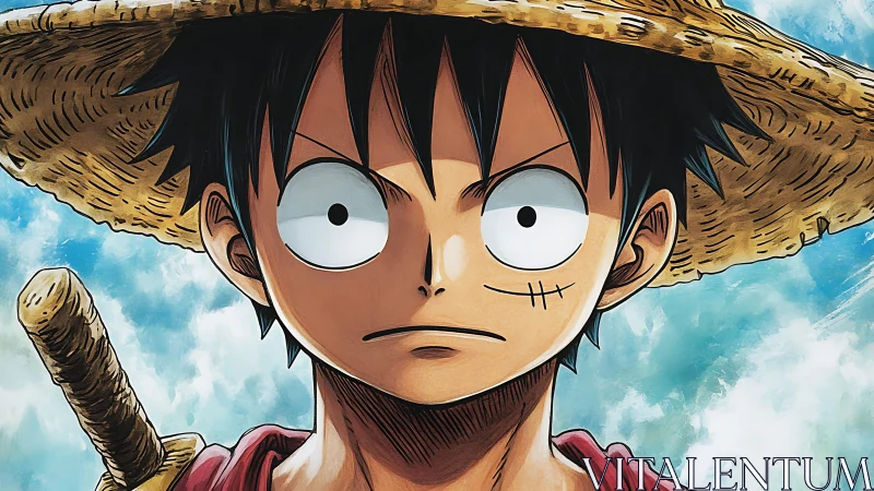 Straw hat anime character portrait with cloudy sky background.