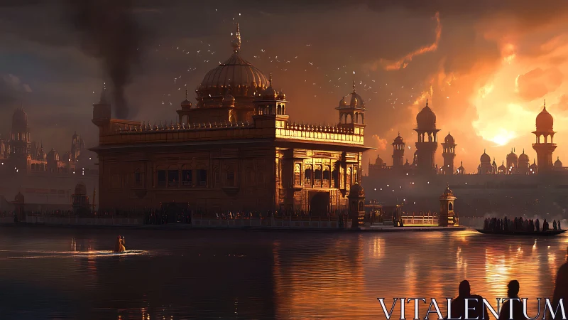 Golden temple sunset digital painting with reflective water plane.