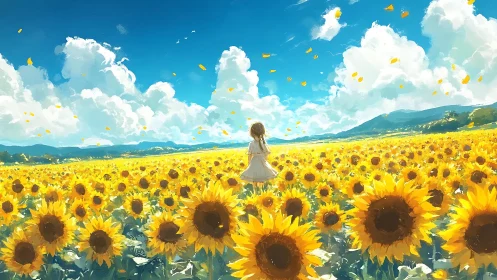 Girl stands in wide sunflower field under bright blue sky