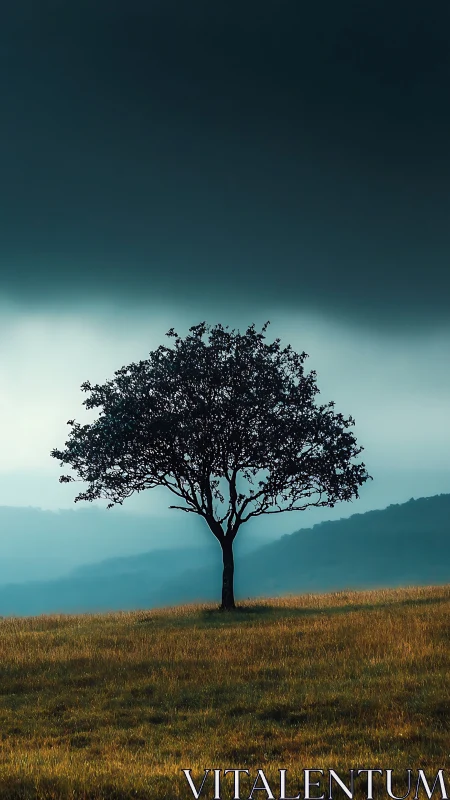 Solitary tree stands over misty hills under brooding sky