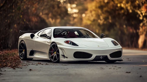 White supercar poised on forest road at golden hour.
