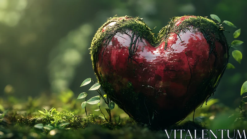 Deep Red Heart Emerges from Verdant Moss in Enchanted Forest