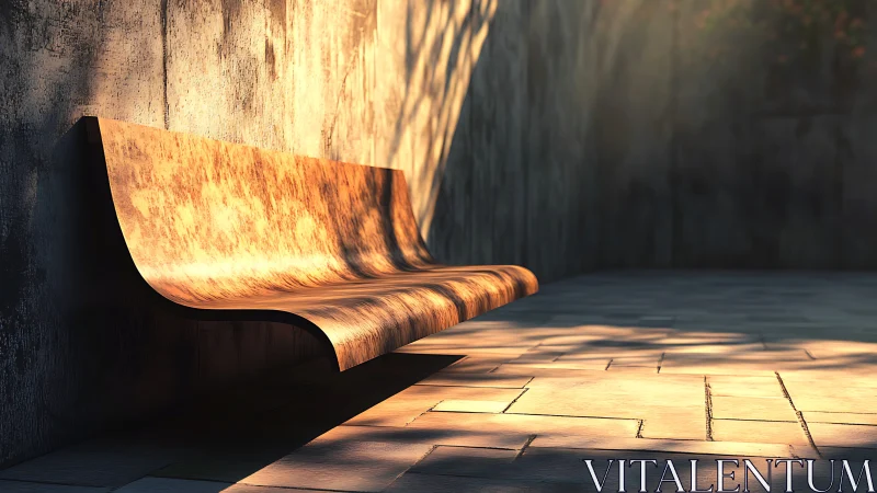 Curved wooden bench in warm sunlight against concrete wall.