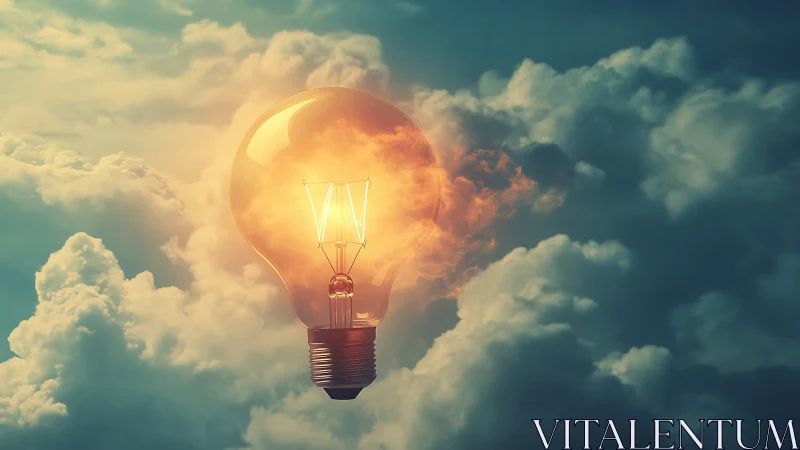 Glowing sky lightbulb floats among soft dreamy clouds