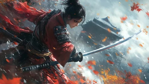 Samurai warrior lunges through autumn storm in dynamic digital art