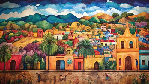 Chromatic hillside townscape with layered architectural geometry.