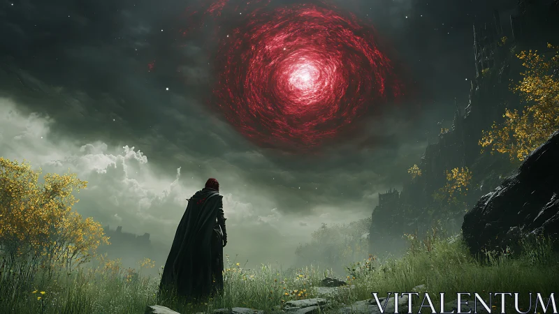 Cloaked figure observing red vortex in overcast sky.