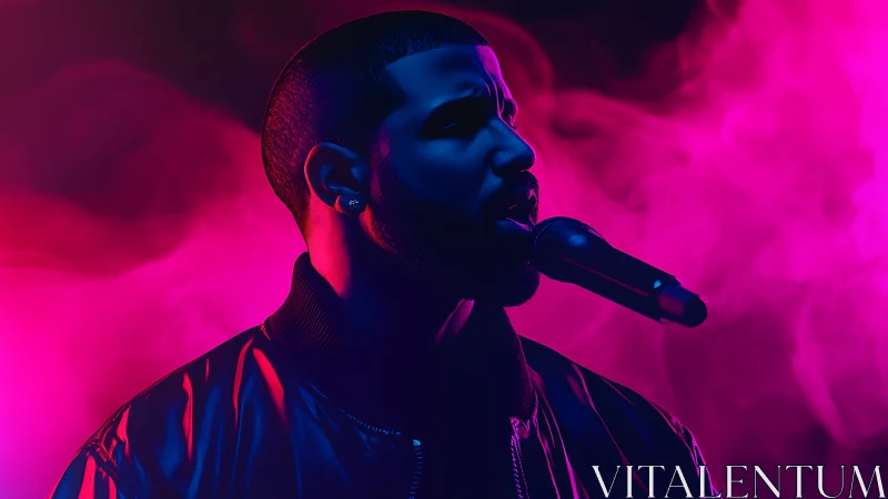 Male vocalist stands at microphone amid neon stage fog