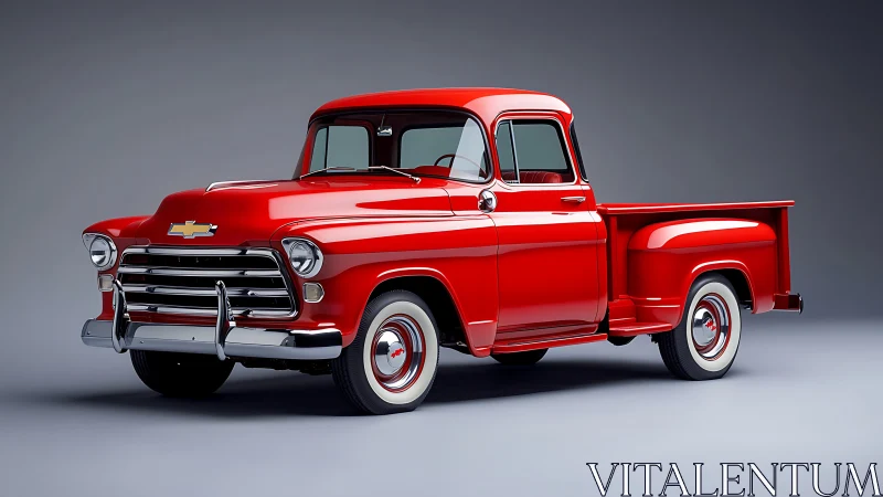 Photorealistic red vintage pickup in studio-side three-quarter view.