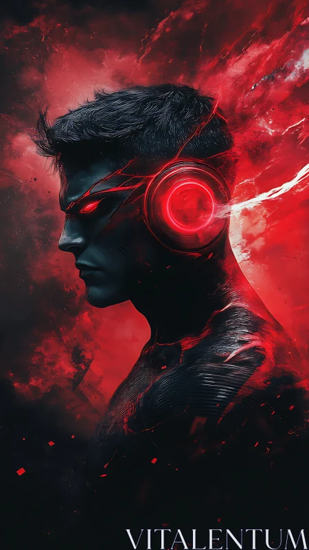 Profile of cybernetic male figure in red energy field.