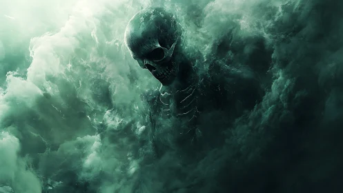 Skeletal figure emerging within dense swirling green fog.