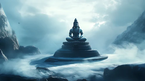 Meditating deity statue dominates frozen mountain plateau.