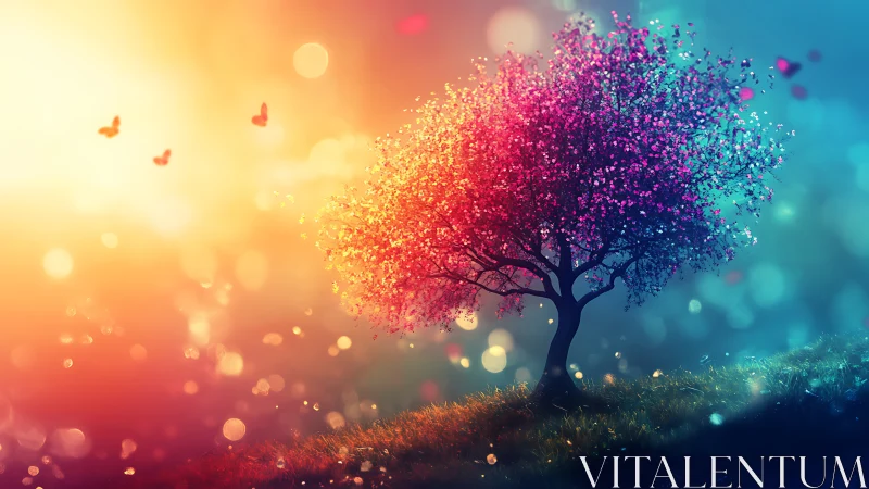 Chromatic gradient tree glows over bokeh field in atmospheric dusk