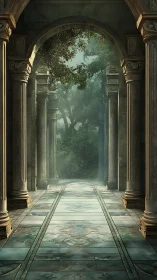 Sunlit marble arcade opens onto a misty enchanted garden