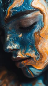 Human face covered in swirling blue and orange paint