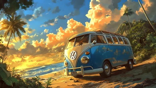 Retro blue van parked on tropical beach at radiant sunset
