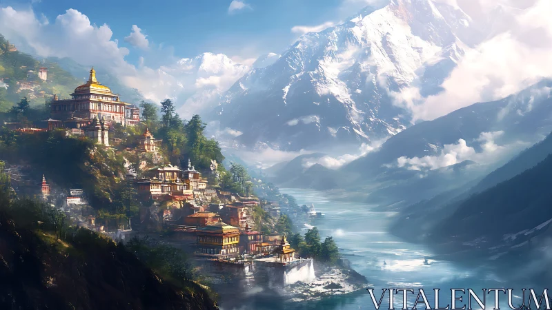 Mountain river valley with terraced temples and clouds.