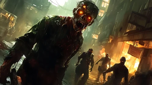 Burning city street overrun by glowing eyed zombies.