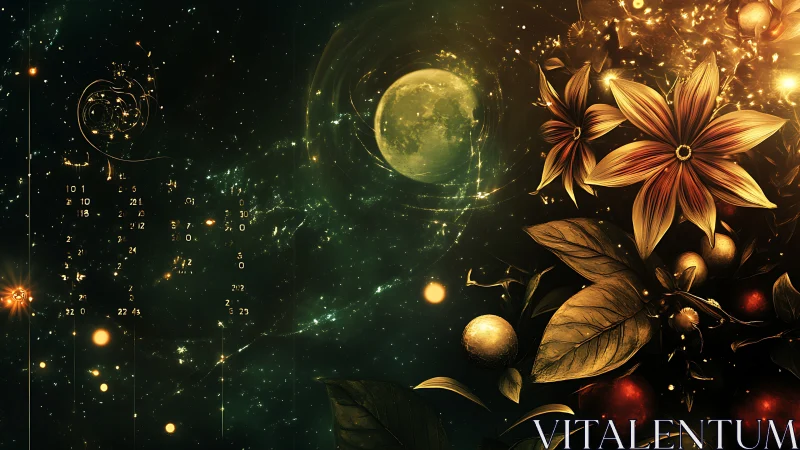 Celestial floral constellation with luminous lunar focal point.