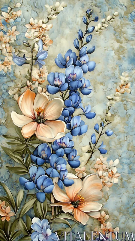 Textured floral illustration with blue and peach blossoms.