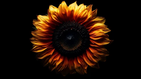 Sunflower with dark center against black background.