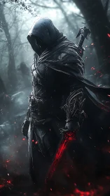 Hooded armored figure with glowing red sword in misty forest.