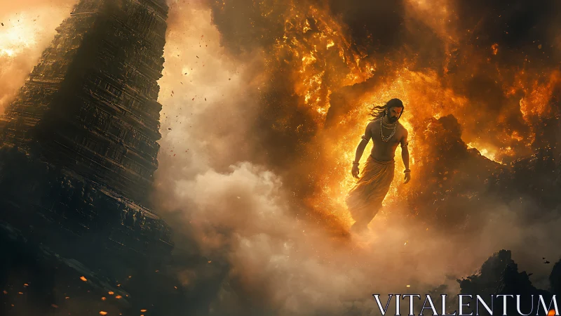 Mythic warrior emerging through volcanic fire and storm clouds