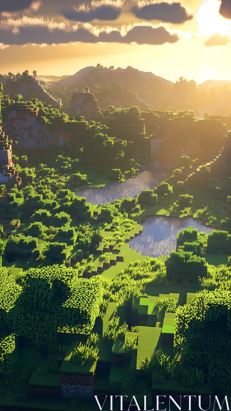 Voxel forest valley glows under golden sunrise light.