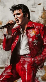 Digital portrait of male rock singer in red leather suit