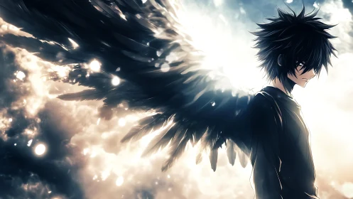 Winged anime figure in backlit cloudscape with dark plumage.