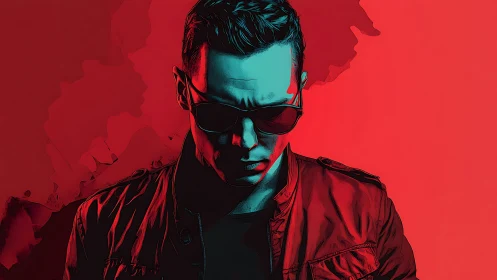 Stylized male portrait with sunglasses in red lighting.