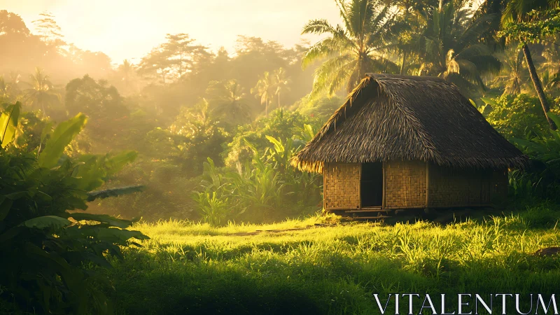 Tropical bamboo hut catches sunrise over lush rainforest