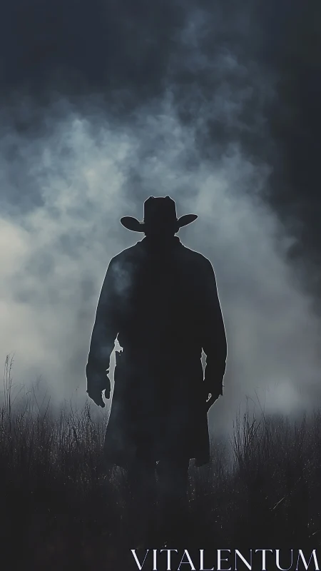 Cowboy silhouette cuts through rolling night fog field.