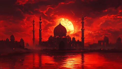 Crimson palace silhouette against blazing sunset sky.