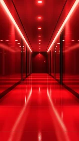 Monochromatic red corridor with reflective surfaces and linear LEDs