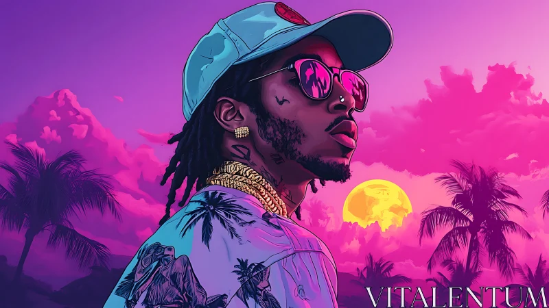 Stylized neon portrait of man in tropical sunset vaporwave palette